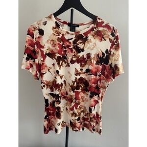 St. John Watercolor Floral Tee Top Luxe Artsy Soft Stretch Short Sleeve M